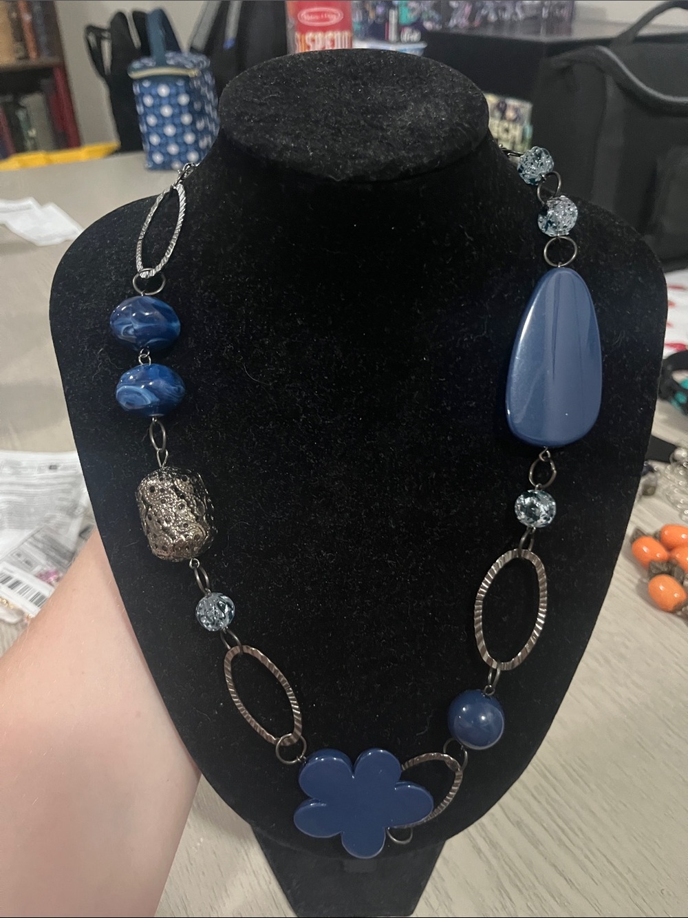 Blue Floral Statement Long  Necklace